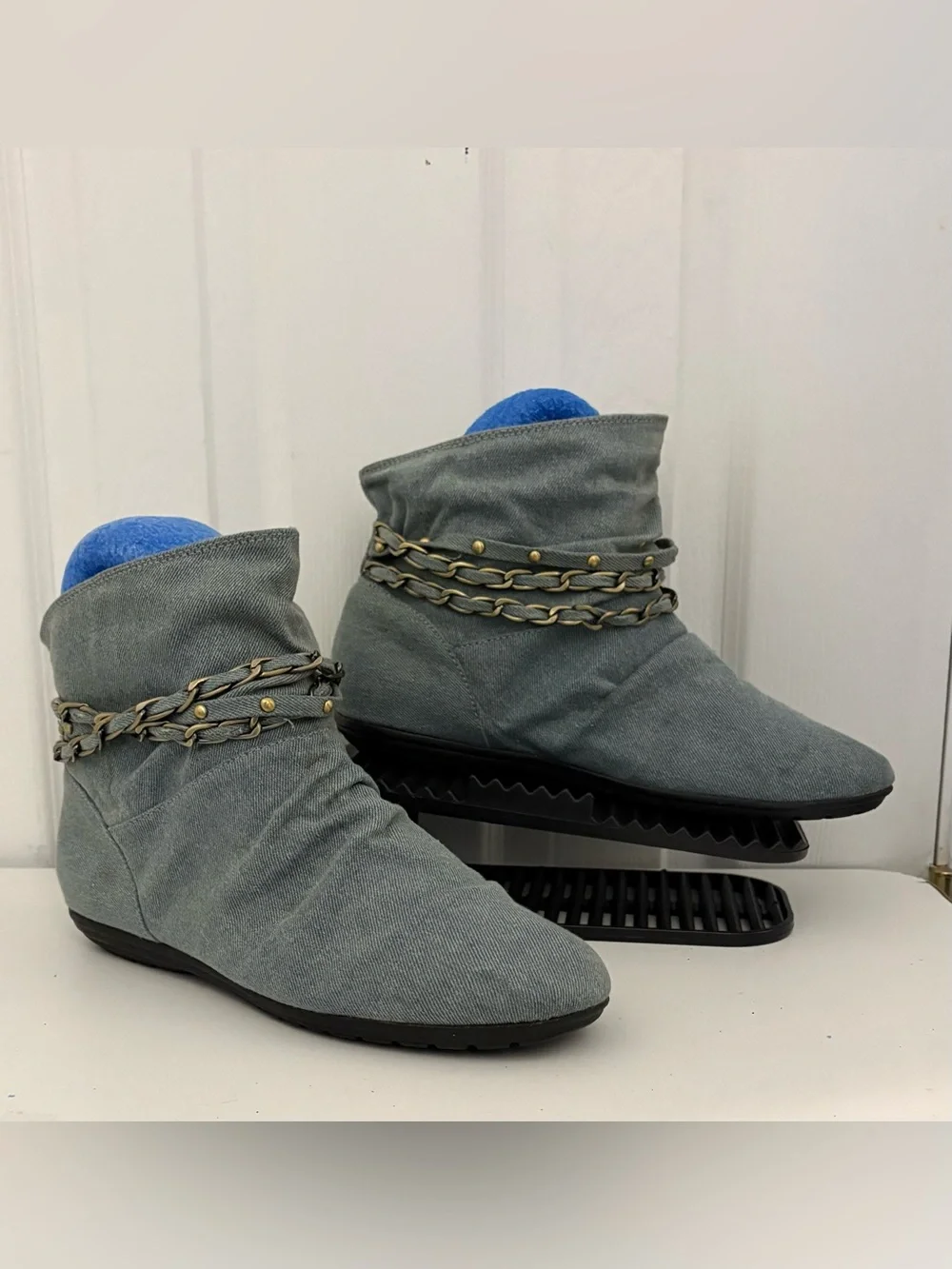 Vintage REPORT Ruched Light Wash Denim Ankle Booties with Chain Accents